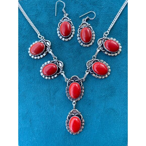 925 Sterling Red Coral Necklace & Earring Set 20" - Picture 1 of 6